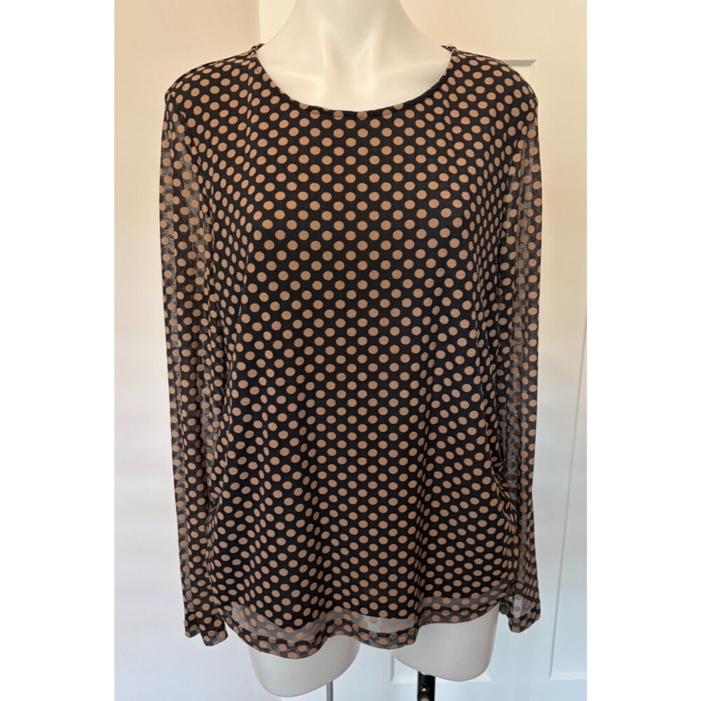 CHICOS Womens Mesh Knit TOP Long Sleeve BLACK Tan DOTS Size 3 (XL/16)